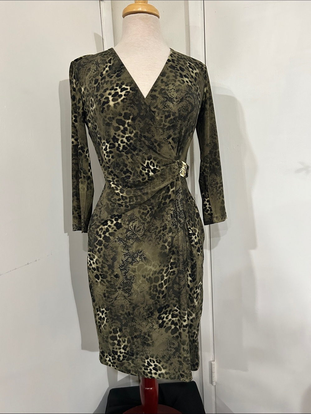Anne Klein Olive Animal-Print Wrap Sheath Dress